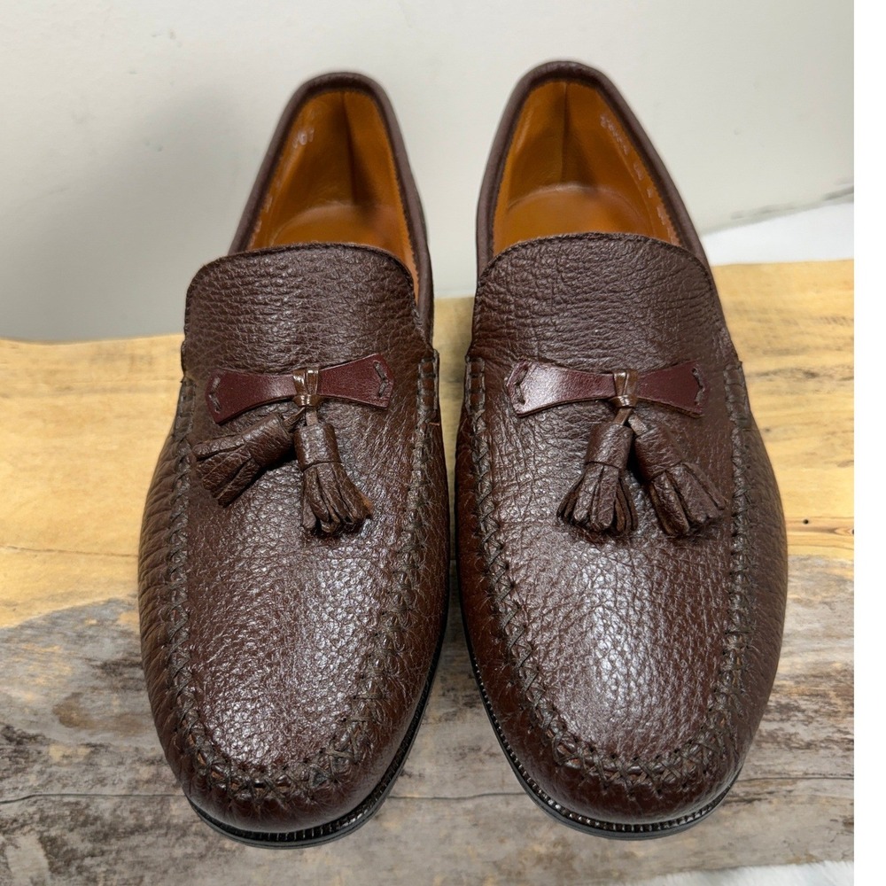 Moreschi Mens 9 US Dk Brown Pebbled Leather Timeless Tassel Loafers Made Italy